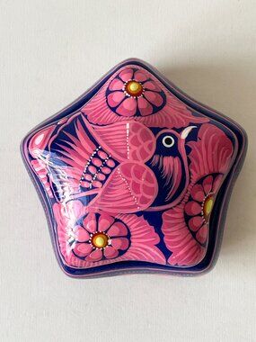 Vintage Star Trinket Box Bird Floral Pink Mexican Pottery Folk Art Hand Painted